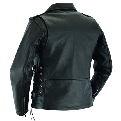 Women's Classic Side Lace Police Leather Motorcycle Jacket – Black