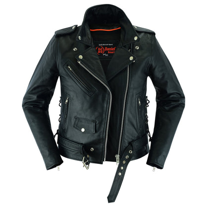 Women's Classic Side Lace Police Leather Motorcycle Jacket – Black