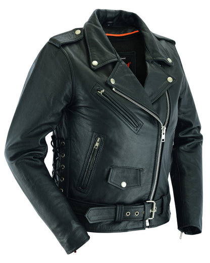 Women's Classic Side Lace Police Leather Motorcycle Jacket – Black