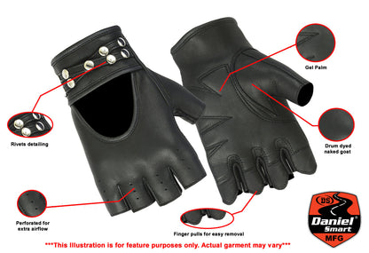 Women's Black Fingerless Leather Gloves – Rivet Details