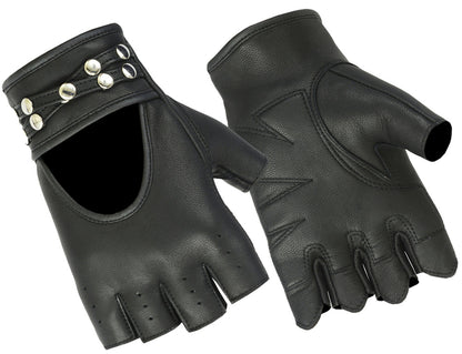 Women's Black Fingerless Leather Gloves – Rivet Details