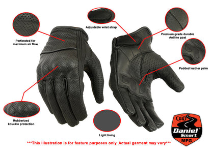 Women's Black Perforated Sporty Gloves - Lightweight Leather, Adjustable Strap