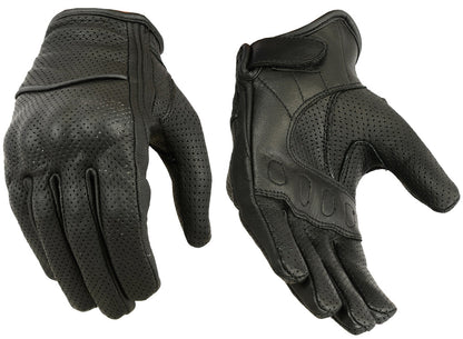 Women's Black Perforated Sporty Gloves - Lightweight Leather, Adjustable Strap