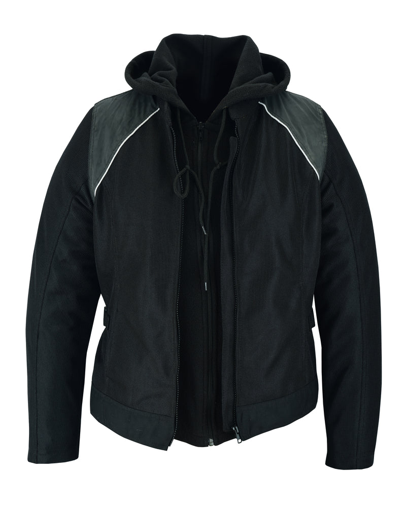 Women's  Mesh Motorcycle Black/ Black Tone Reflective Jacket 3-in-1 with Hoodie