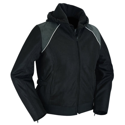 Women's  Mesh Motorcycle Black/ Black Tone Reflective Jacket 3-in-1 with Hoodie