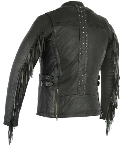 Women's Fringe Leather Motorcycle Jacket – Black