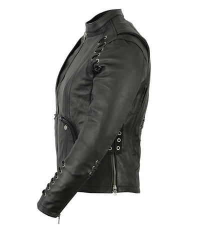 Women's Motorcycle Leather  Jacket with Grommet & Lacing Accents – Black