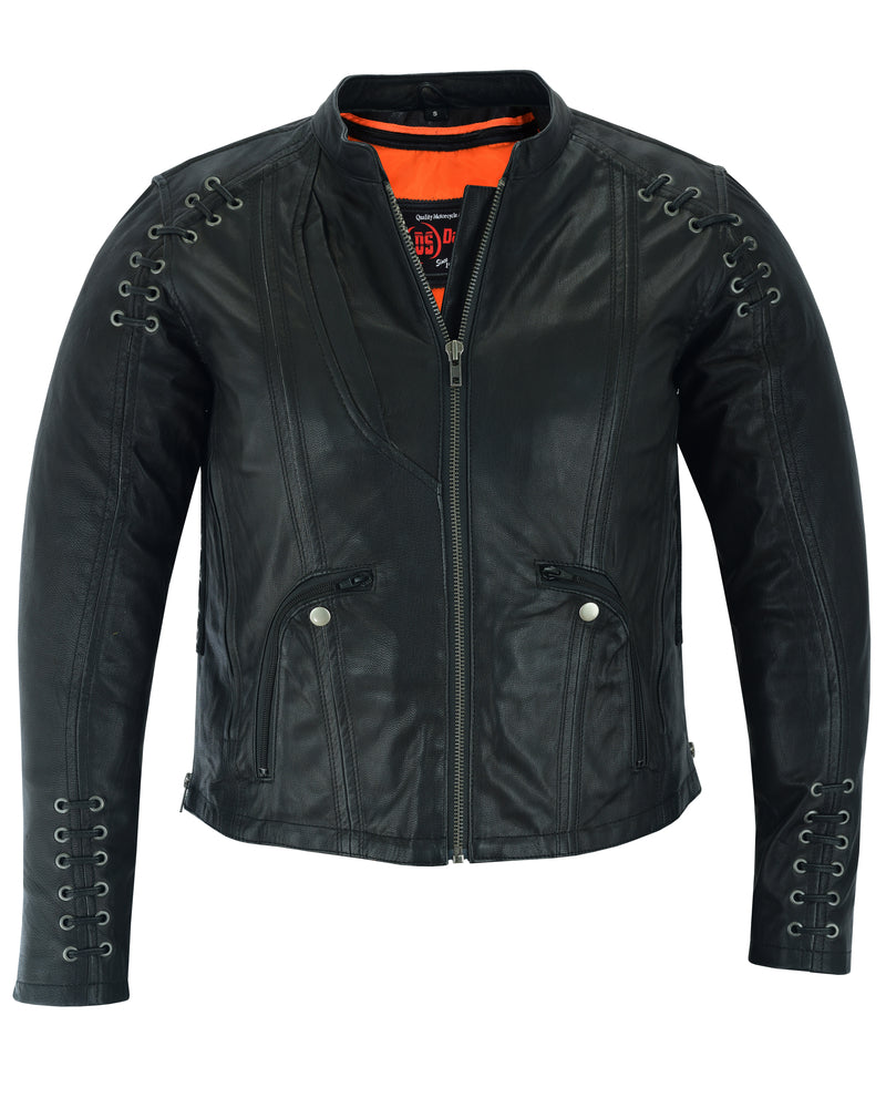 Women's Motorcycle Leather  Jacket with Grommet & Lacing Accents – Black