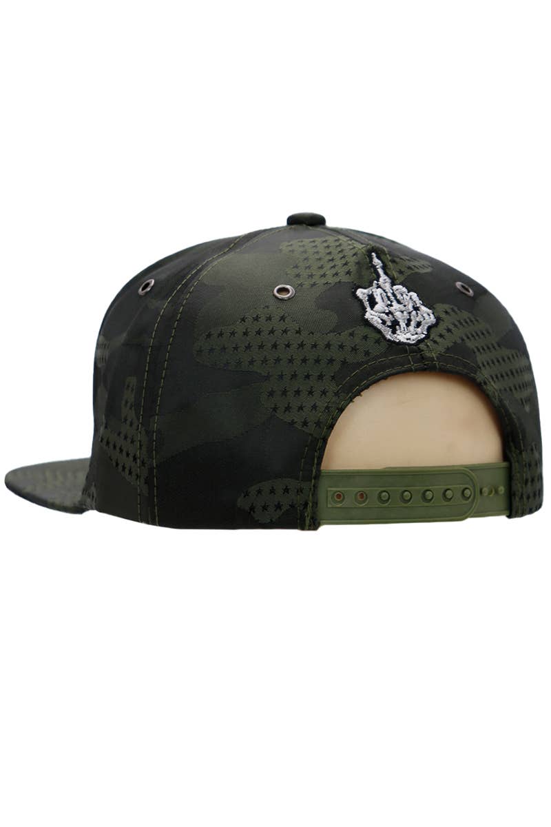 Middle Finger Star Camo Poly Fabric Six Panel Snapback: Black Camo