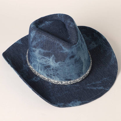 Shiny Rhinestone Band Denim Cowboy Hat: DENIM BLUE / ONE SIZE