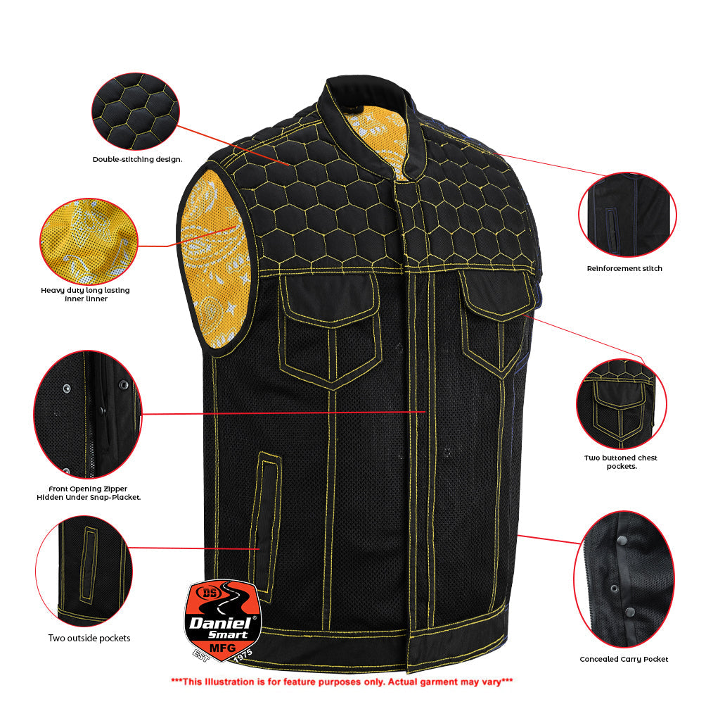 Gloom Gold Men's Black Mesh Textile Vest with Yellow Thread Detailing