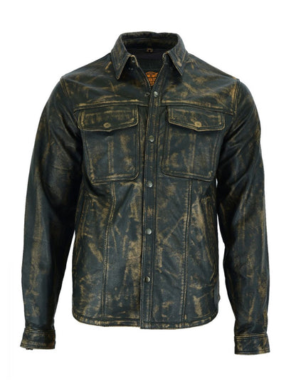 Mens Distressed Brown Leather Motorcycle Shirt with Concealed Carry