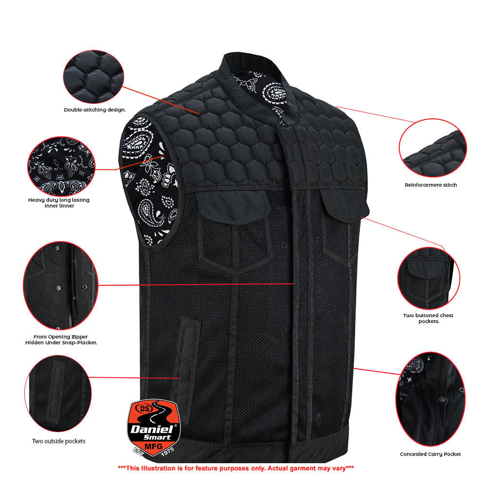 Mesh Rave Men's Black Mesh Textile Vest with Black Paisley Liner