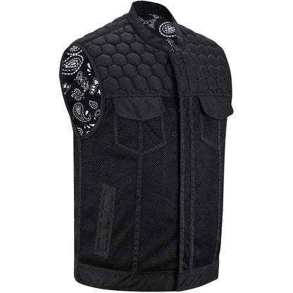 Mesh Rave Men's Black Mesh Textile Vest with Black Paisley Liner