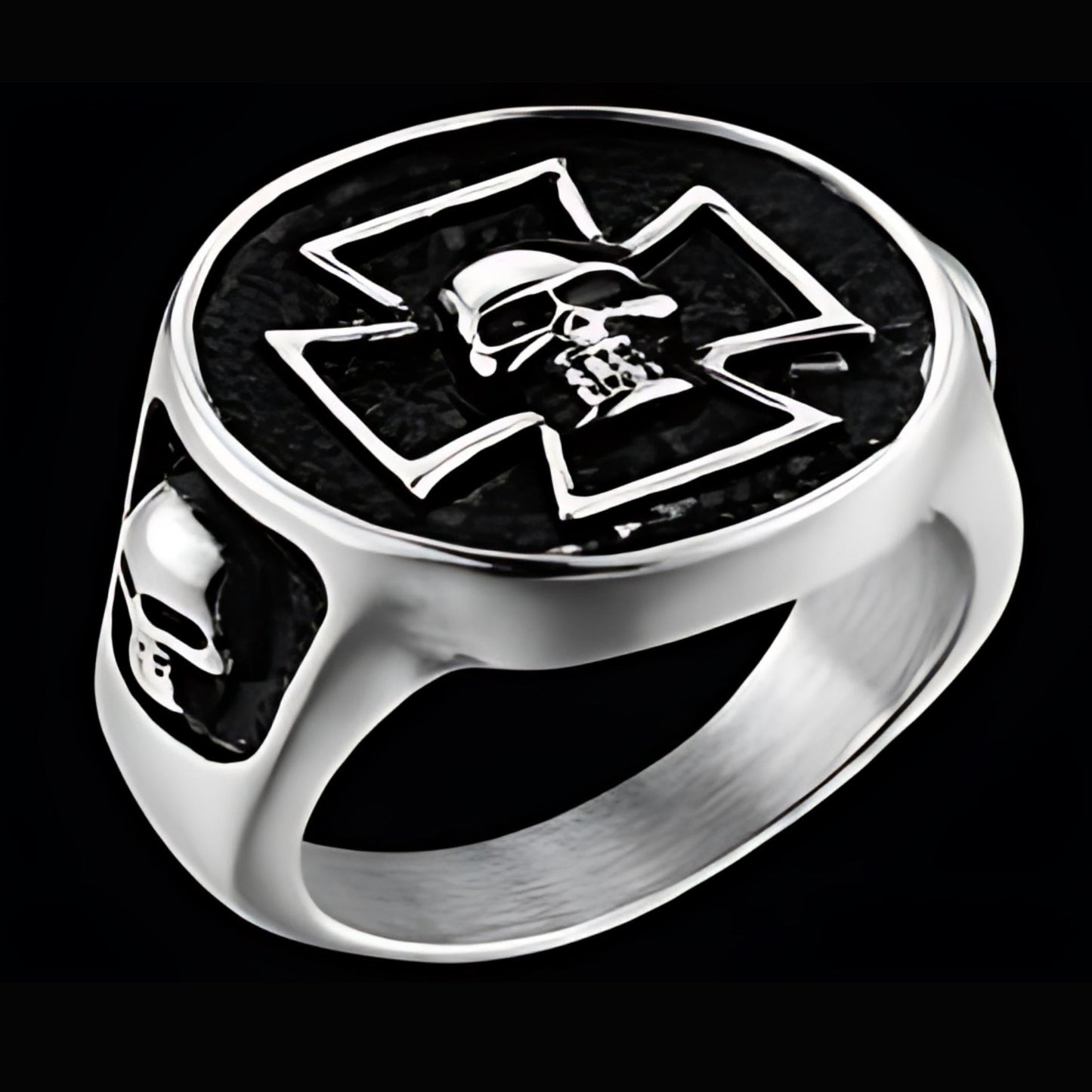 R121 Stainless Steel Iron Cross Skull Biker Ring