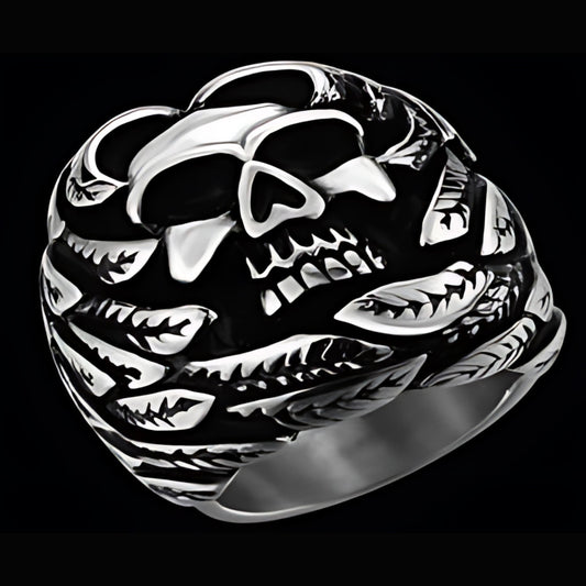 R141 Stainless Steel Feather Face Skull Biker Ring