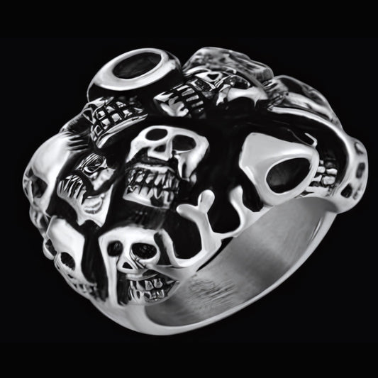 R146 Stainless Steel Many Faces Skull Biker Ring