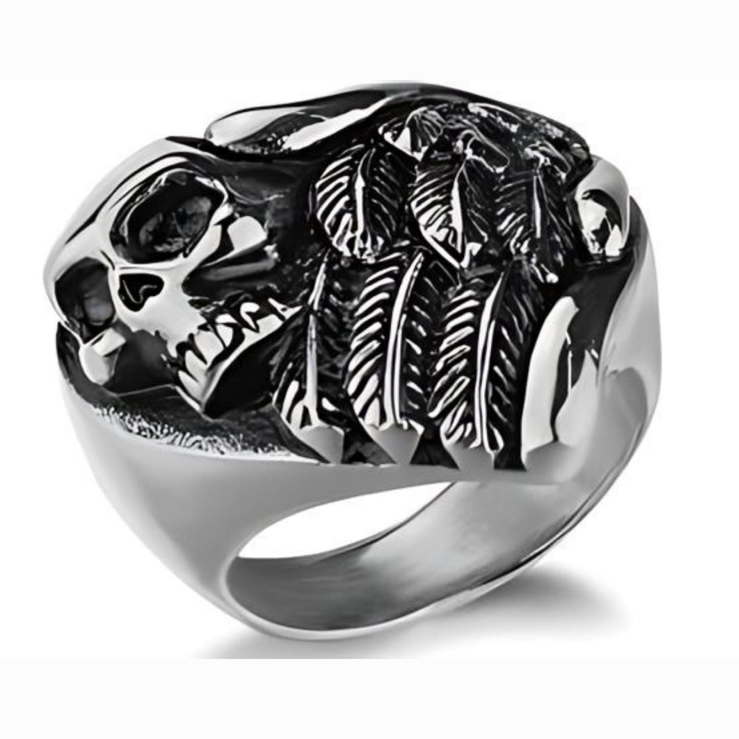 R196 Stainless Steel Feather Wings Skull Biker Ring