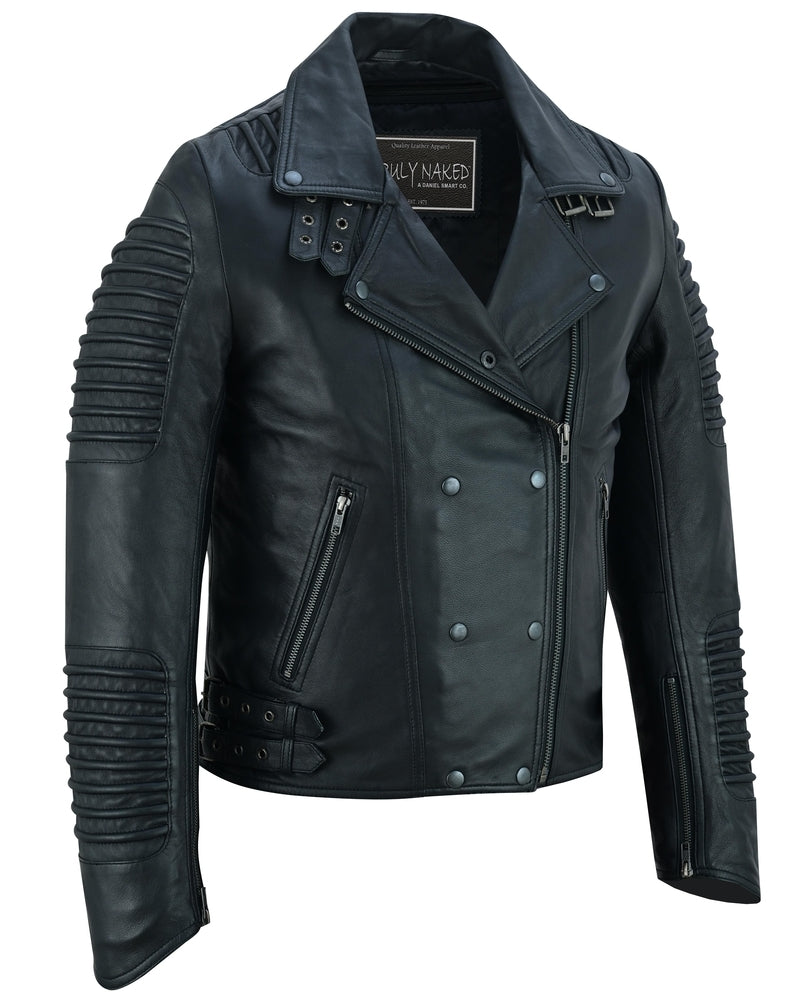 Shadow Queen Women's Black Fashion Leather Jacket with Ribbed Accents